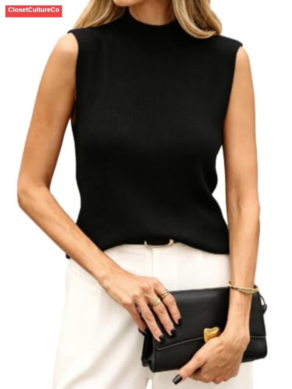 Merino Wool Blend Sleeveless Mock Turtleneck Ribbed Knit Sweater Vest